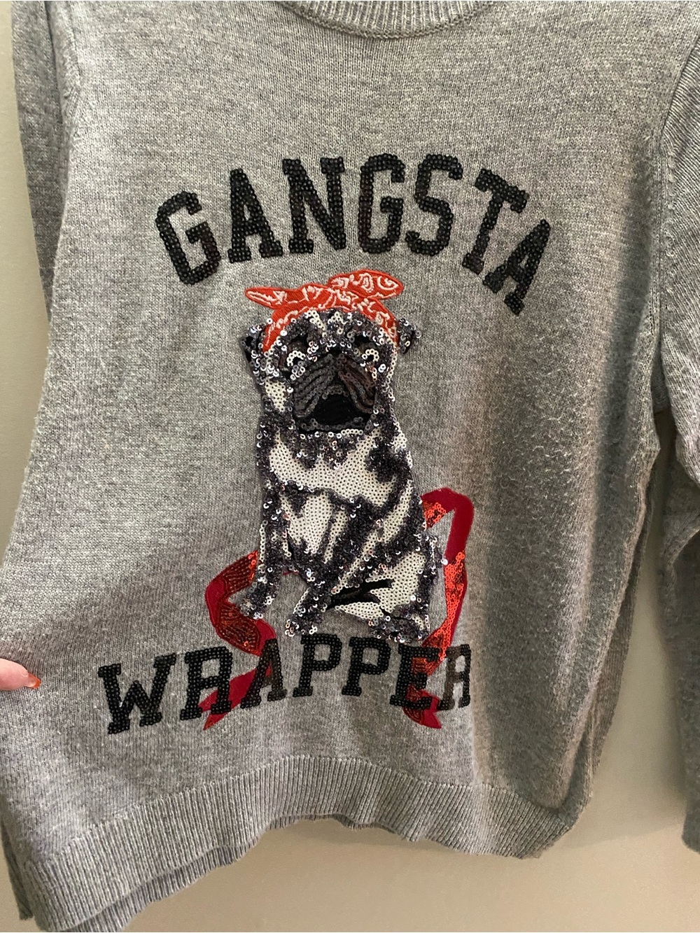 H&M Gray 'Gangsta Wrapper' Embellished Pug Sweater with Red Accent - Picture 2 of 8